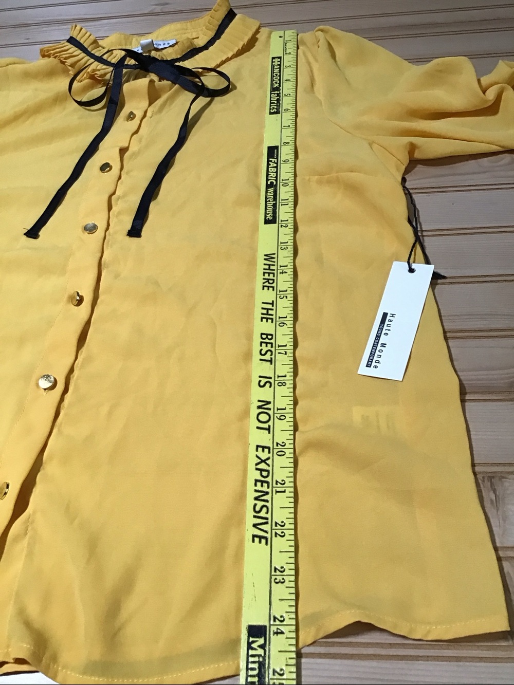 Bright Yellow High Neck Black Ribbon Tie Ruffle Collar 3/4 Sleeve Chiffon Blouse - Picture 12 of 12